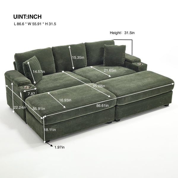 English Elm combination Modular Corduroy Sectional with Usb Charging Deep Foam Seats Green W2120S00013