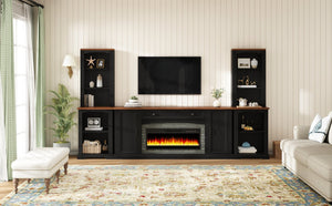 English Elm 3-piece Farmhouse Entertainment Center with Curved Cabinets Walnut Mdf Modular Living Room Black N721S000072B