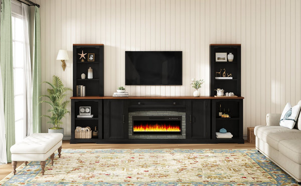 English Elm 3-piece Farmhouse Entertainment Center with Curved Cabinets Walnut Mdf Modular Living Room Black N721S000072B