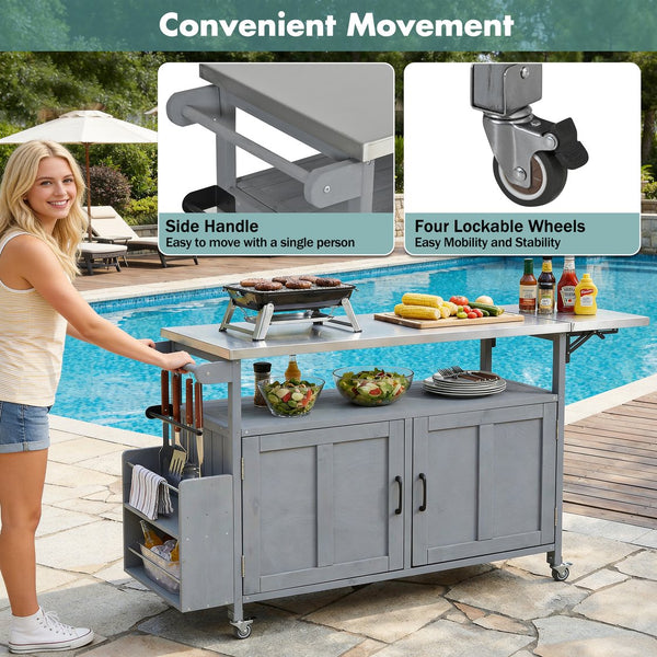 English Elm Foldable Outdoor Kitchen Cart with Stainless Worktop Fir Wood Frame and Lockable Wheels Grey N719P380279E