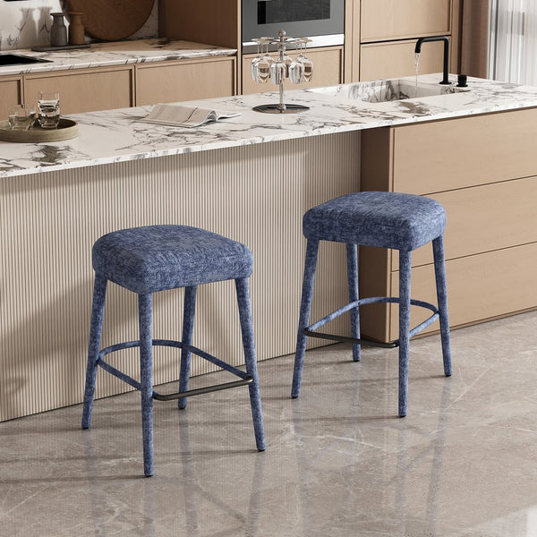 English Elm Backless Blue Fabric Upholstered Counter Stools Set of Two with Padded Seat Footrest Light Blue W5096P400664