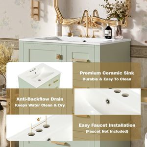 English Elm 24" Olive Bathroom Vanity Solid Wood Frame Ceramic Sink Gold Hardware Soft Close Green N729P373276F