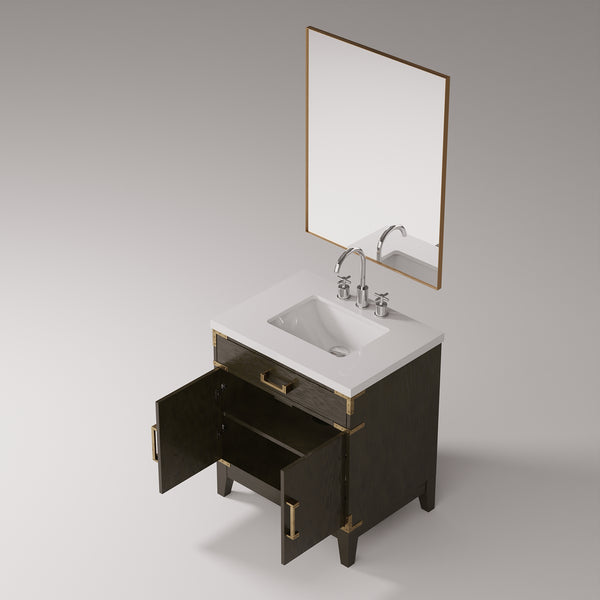 English Elm Brown Oak Single Bath Vanity Set With Cultured Marble Top, Chrome Faucet & 28" Mirror - Stylish Upgrade! B2731S02004