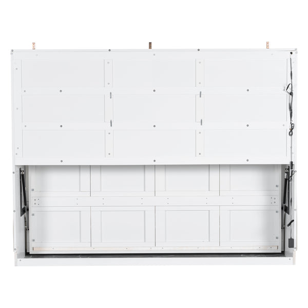 English Elm Queen Murphy Cabinet Bed with Sofa Foldaway, Built-In Shelves, LED Lighting, Space-Saving Beige N7090000603A