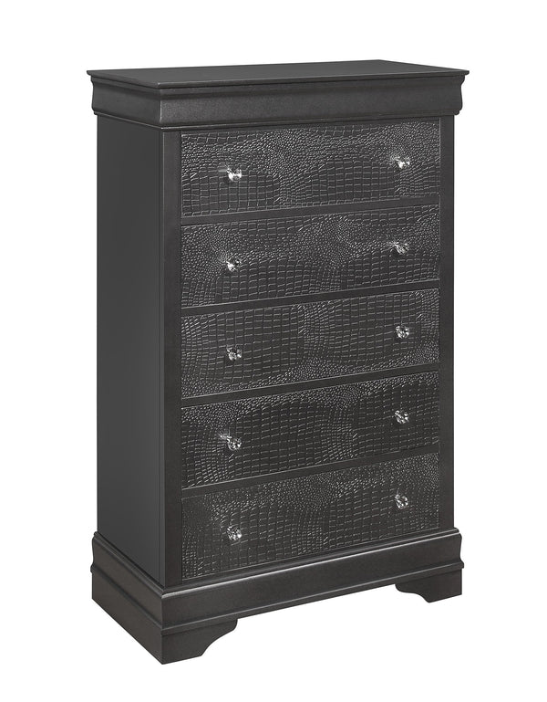 English Elm SHAKER Crocodile Textured Chest with Crystal Hardware, Solid Wood & MDF, Contemporary Tapered Legs Metallic Grey 34.45 L x 18.9 W x 51.57 H B201P215900