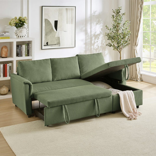 English Elm Loveseat Sectional Sleeper Sofa with Corduroy Tufted Upholstery Storage Chaise Reclining Green W2186S00014
