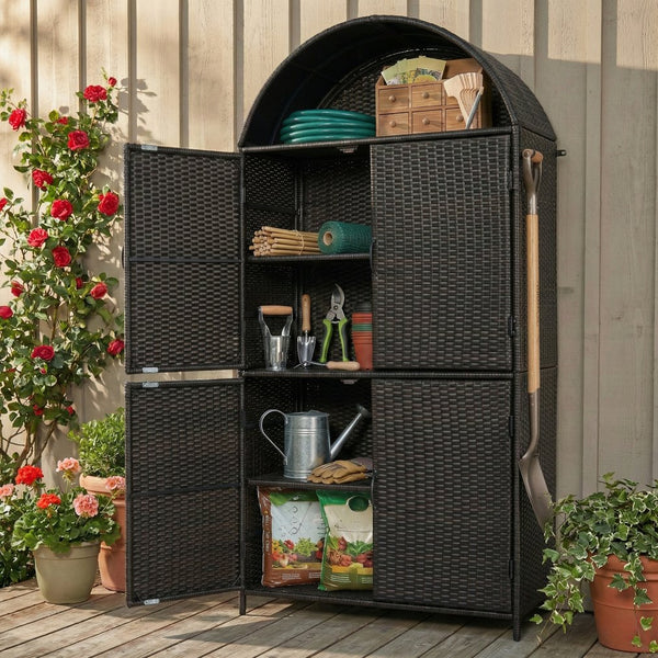 English Elm K&k Tall Arched Pe Rattan Outdoor Storage Cabinet with Adjustable Shelves and Steel Frame Brown+Black N707P420158D