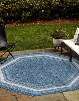 Unique Loom Outdoor Border Soft Border Machine Made Border Rug Blue, Ivory/Gray 7' 10" x 7' 10"