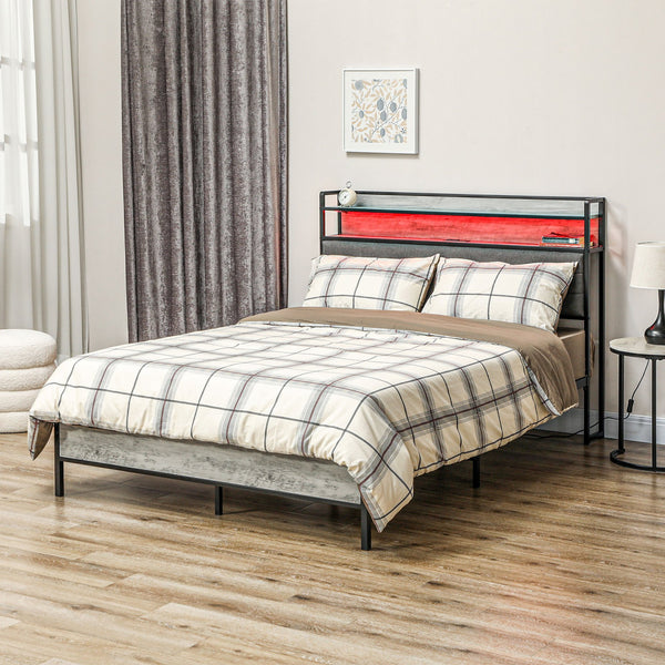 English Elm HOMCOM Full Size Bed Frame with LED RGB Headboard, Built-In Charging Station and 3-Tier Shelf Gray W2225P249915