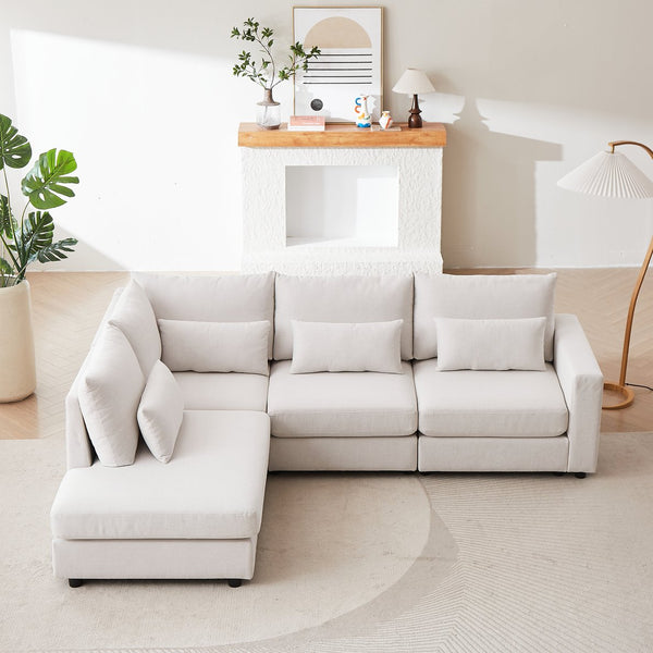 English Elm MH100.2" Sofa Convertible L-Shaped Linen Sectional with Movable Ottoman 5 Cushions 4 Lumbar Pillows Beige W1193S00140