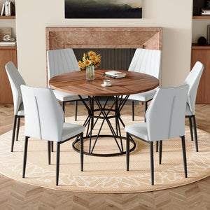 English Elm Table and Chair Set Walnut Round Dining with Six White Pu Seats Modern Industrial W1151S04858