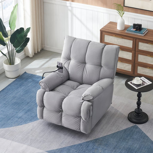 English Elm Single Teddy Upholstered Recliner Chair with Solid Wood Frame, Sponge Cushions & Phone Stand, Adjustable Back to 150° Gray W1278P212863