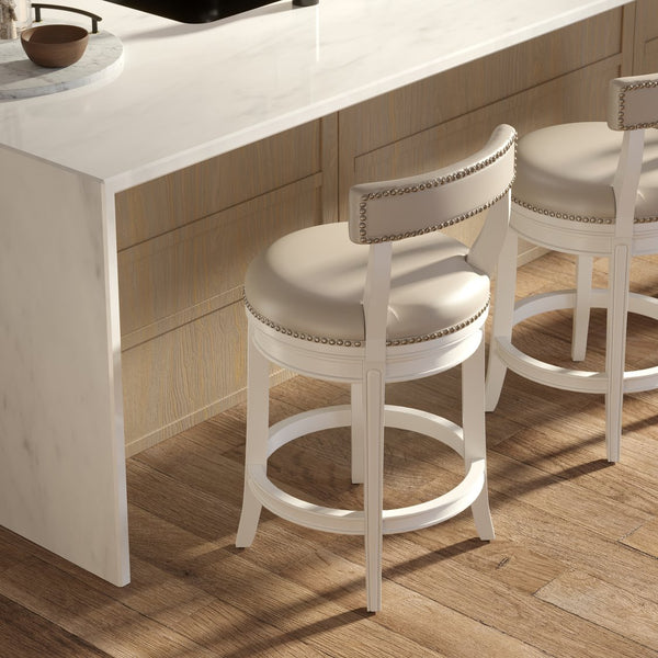 English Elm 26" Counter Height Swivel Barstool Woven Linen Seat Nailhead Trim Solid Wood Frame White B2751P436450