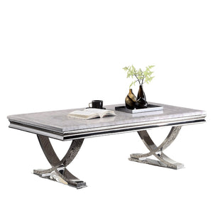 English Elm Modern Glam Coffee Table with 18mm Faux Marble Top, Beveled Edges and Curved Pedestal Metal Base Chrome 31 L x 55 W x 4 H B2741S00430