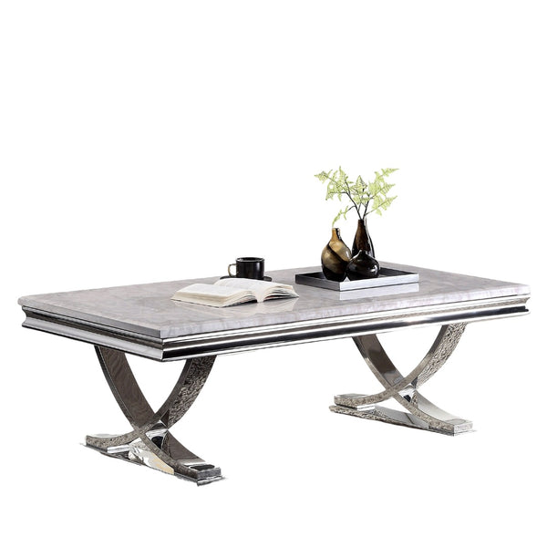 English Elm Modern Glam Coffee Table with 18mm Faux Marble Top, Beveled Edges and Curved Pedestal Metal Base Chrome 31 L x 55 W x 4 H B2741S00430