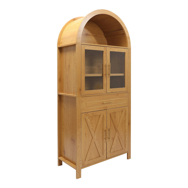 English Elm 71" Arched Glass Barn Door Pantry Cabinet Farmhouse Mdf Storage for Kitchen Dining Oak W2917S00017