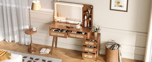 English Elm 47''Vintage Elegant Makeup Vanity with Lights and Mirror, 5-Drawer Rattan Design, Solid Wood Craftsmanship Walnut 46 L x 27 W x 8 H N733P337468M