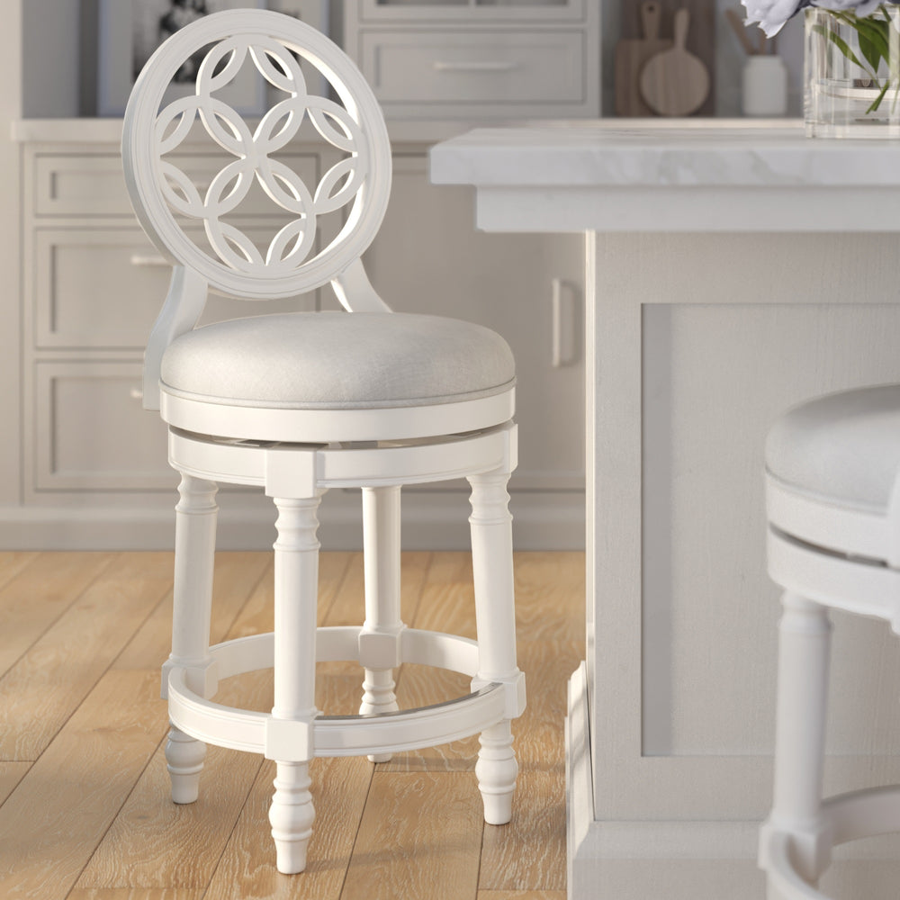 English Elm 26" Solid Wood Swivel Counterstool High Back Faux Leather Seat for Kitchen Island White B2751P436474