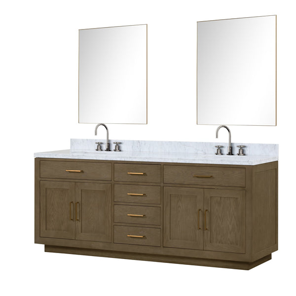 English Elm Grey Oak Double Bath Vanity With Carrara Marble Top, Chrome Faucets & Mirrors - Elegant Storage Solution B2731S01820