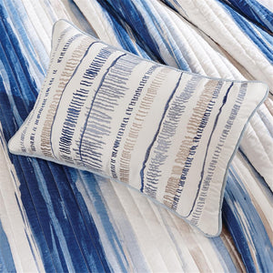 English Elm 6 Piece Marina Reversible Quilt Set Full/Queen - Blue Coastal Watercolor Stripes with Embroidered Seashell Pillows B03597432