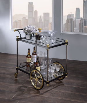 English Elm Cyrus Clear Glass Serving Cart with Black/Gold Metal Frame, Wine Rack, Handle & Smooth Casters B2726P256279
