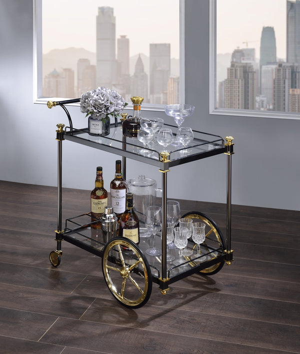 English Elm Cyrus Clear Glass Serving Cart with Black/Gold Metal Frame, Wine Rack, Handle & Smooth Casters B2726P256279