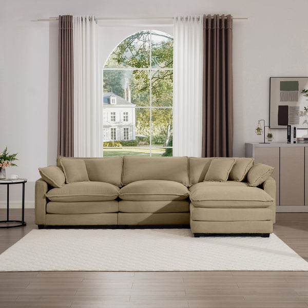 English Elm Corduroy L-Shaped 3-Seater Sofa With Ottoman - Stylish Tan Comfort For Small Living Spaces W714S00797