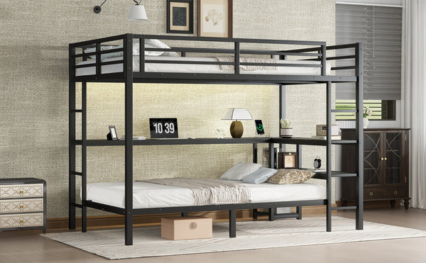English Elm Full Over Twin Bunk Bed With Integrated Desk, Led Lighting & Usb Ports, Versatile Black Metal Design W1580S00127