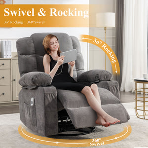 English Elm Oversized Swivel Recliner with Massage Heating Linen Upholstery and Usb Port Gray W1521P411670