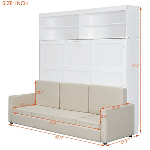 English Elm Queen Murphy Wall Bed with Linen Sofa for Studio and Small Space Living White LP000892AAK