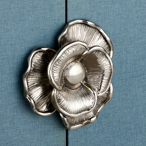 Briallen Blue Demi-Lune Cabinet - Elegant Lacquered Storage with Polished Nickel Floral Details