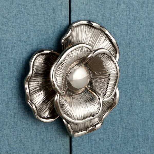 Briallen Blue Demi-Lune Cabinet - Elegant Lacquered Storage with Polished Nickel Floral Details