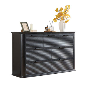 English Elm Fluted Wave Panel 7 Drawer Mdf Dresser Modern Bedroom Storage with Tv Stand Top Black Woodgrain T5326P425095