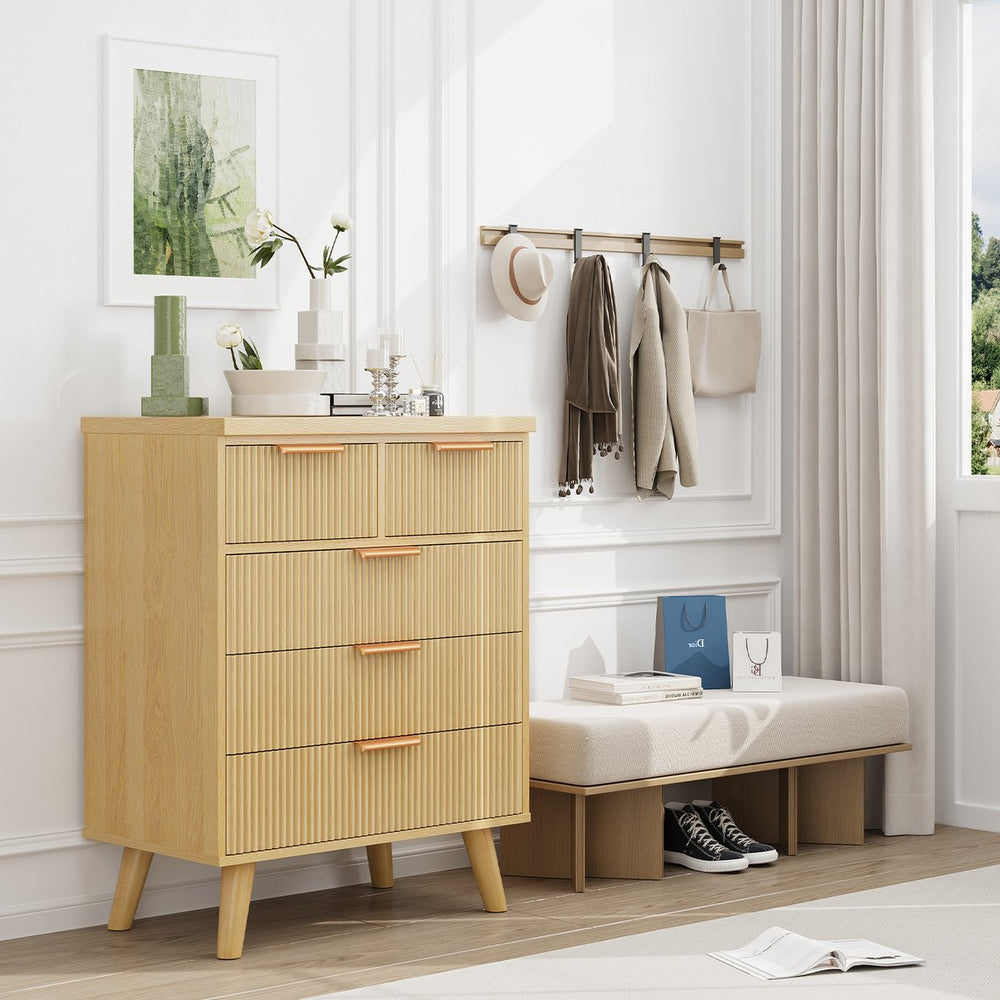 English Elm 5 Drawer Fluted Chest Natural Wood Finish Bohemian Storage for Nursery or Bedroom T3773P415633