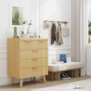 English Elm 5 Drawer Fluted Chest Natural Wood Finish Bohemian Storage for Nursery or Bedroom T3773P415633