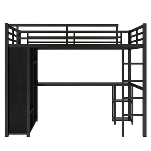English Elm Full Size Loft Bed Frame With Wardrobe, Desk & Storage Shelves - Modern Black Metal Design W1580S00120