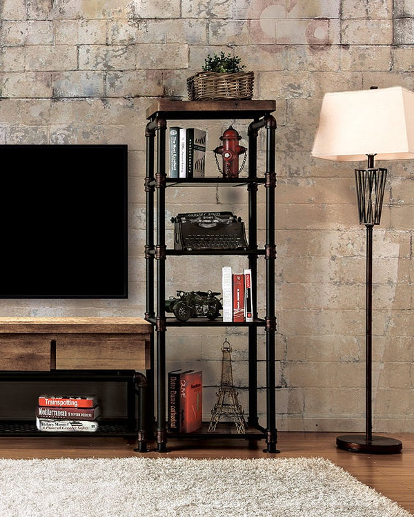 English Elm Industrial 60" TV Console with Pipe Frame, Wire Mesh Shelves, Drawer & Rustic Wood Storage Finish B2741S00473