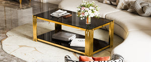 English Elm Modern Glam Rectangular Coffee Table with Mirrored Top Gold Sculptural Frame Open Shelf Black N735P380099B
