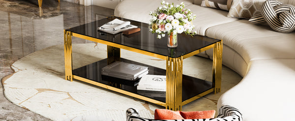 English Elm Modern Glam Rectangular Coffee Table with Mirrored Top Gold Sculptural Frame Open Shelf Black N735P380099B