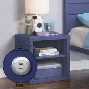 English Elm Cargo Blue Finish Nightstand W/USB with 2 Open Compartments, Metal Industrial Design, Built-In USB Ports B2726P263380