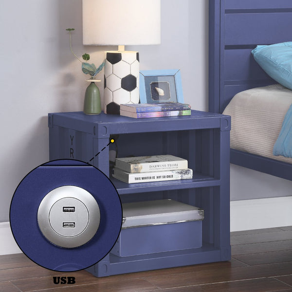 English Elm Cargo Blue Finish Nightstand W/USB with 2 Open Compartments, Metal Industrial Design, Built-In USB Ports B2726P263380