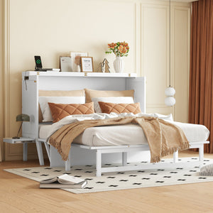 English Elm Queen Murphy Cabinet Bed Solid Pine Build with Usb Charging and Fold Out Desktop White W504S00168