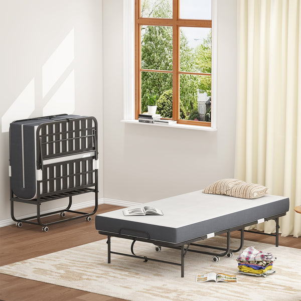 English Elm 75 Inch Rollaway Twin Bed with Memory Foam Mattress Heavy Duty Steel Frame Foldable W2735P425460