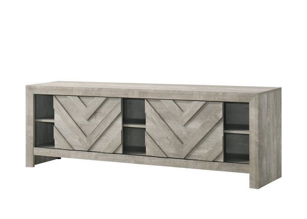 English Elm 1pc Rustic Geometric Chevron Entertainment Console TV Stand with Washed Wood Finish and Ample Storage Spaces Gray 70.16 L x 20.47 W x 31.42 H B2741P295483