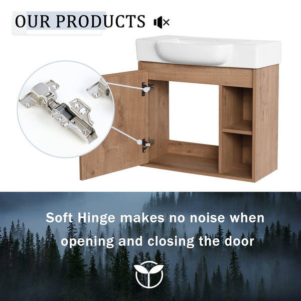 English Elm 24'' Floating Wall Mounted Bathroom Vanity with Ceramic Sink and Soft Close Cabinet Imitative Oak W999P426630