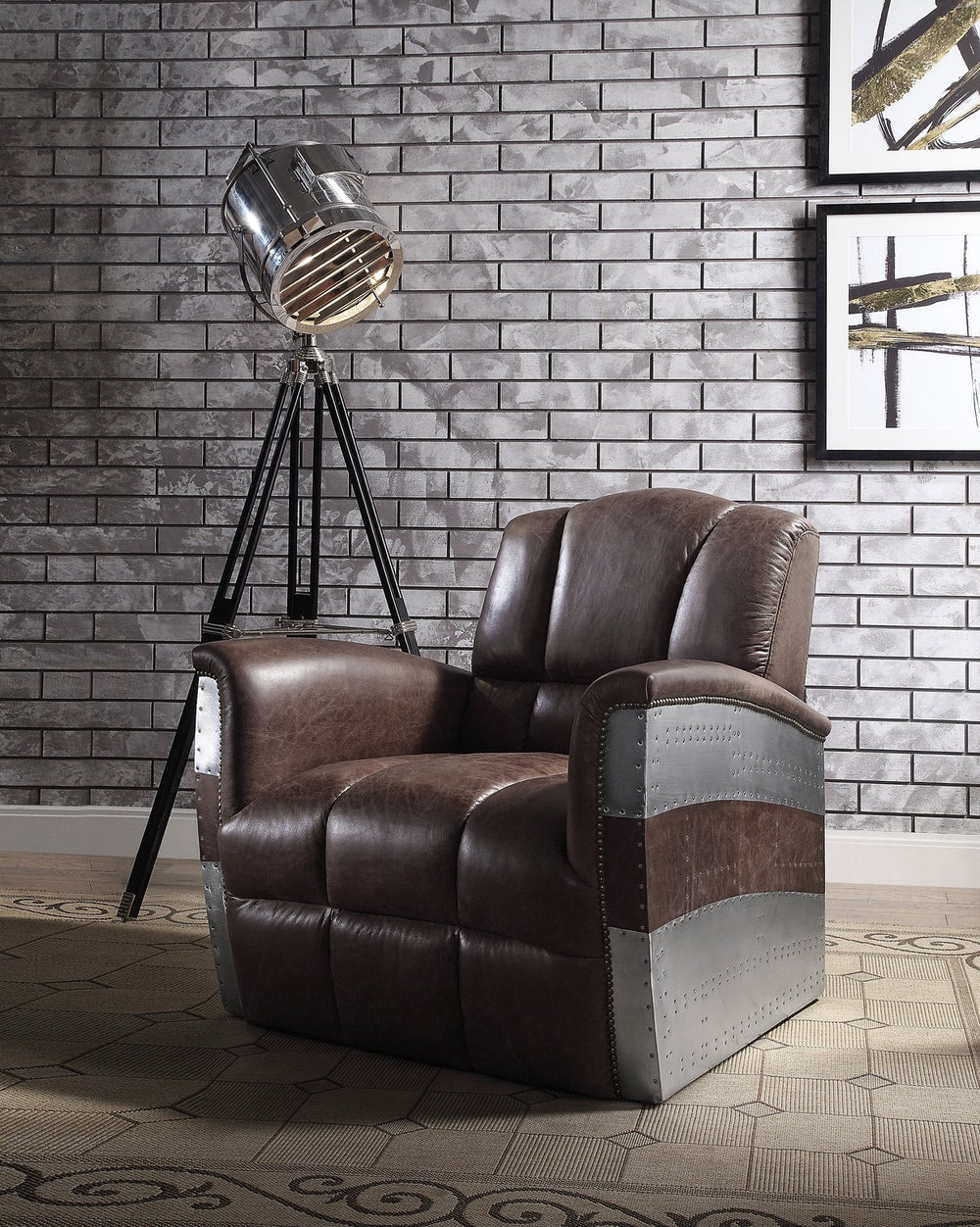 English Elm Brancaster Top Grain Leather Lounge Chair with Tufted Back and Aluminum Accents B2726P419523