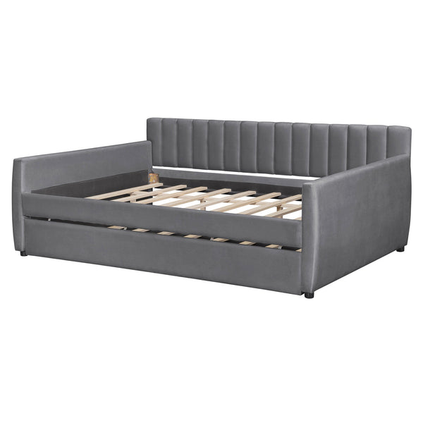 English Elm Full Size Velvet Upholstered Daybed with Pull Out Trundle and Wood Slat Support Gray LP100121AAE