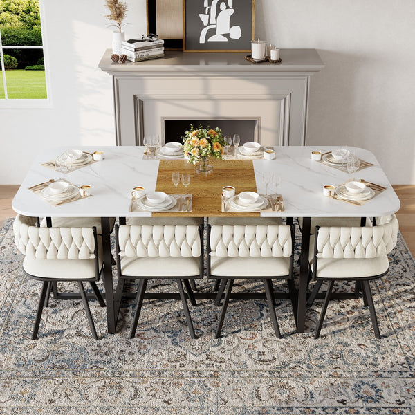 English Elm 9-piece Square Dining Set Velvet Upholstered Chairs Two-tone Tabletop Seats 8 Beige,White,Wood W3875S00149