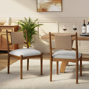 English Elm Upholstered Linen Dining Chairs Set of 2 Rubberwood Mid-century Woven Paper Rope Back Beige,Brown N776P385751D