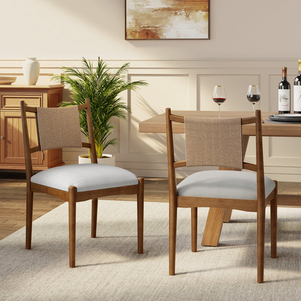 English Elm Upholstered Linen Dining Chairs Set of 2 Rubberwood Mid-century Woven Paper Rope Back Beige,Brown N776P385751D